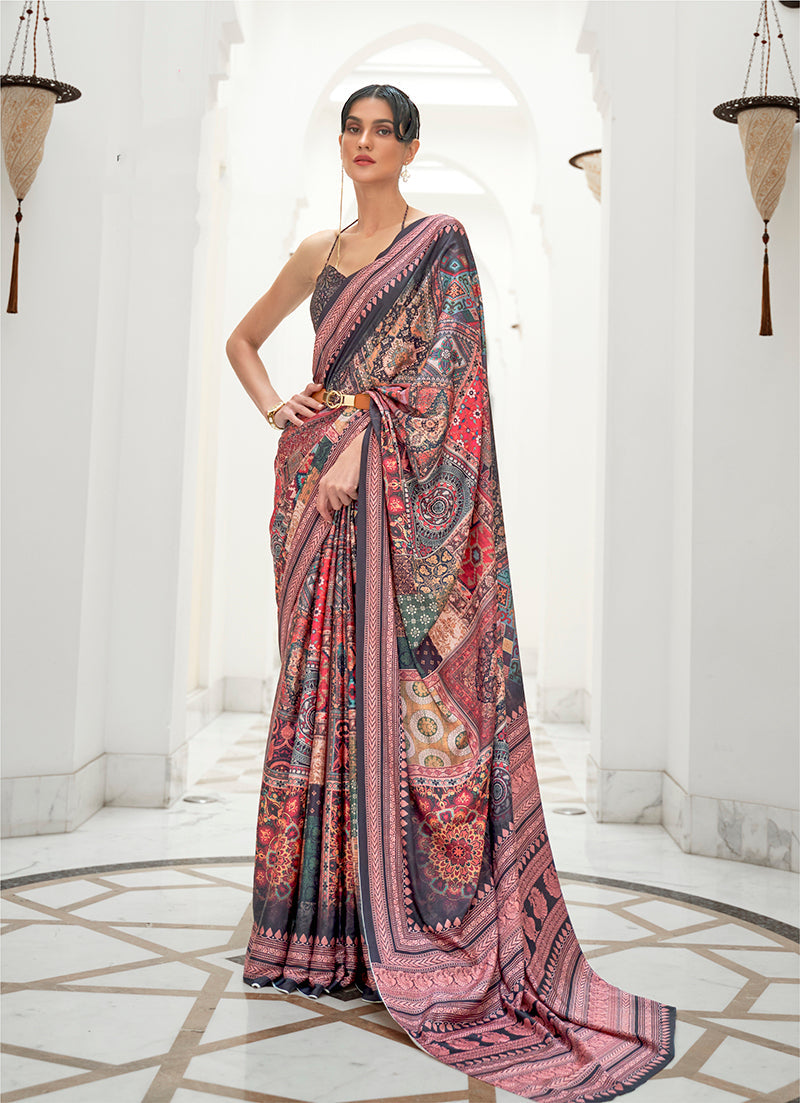 Multi-colour digital printed crepe silk saree with elegant drape for festive occasions