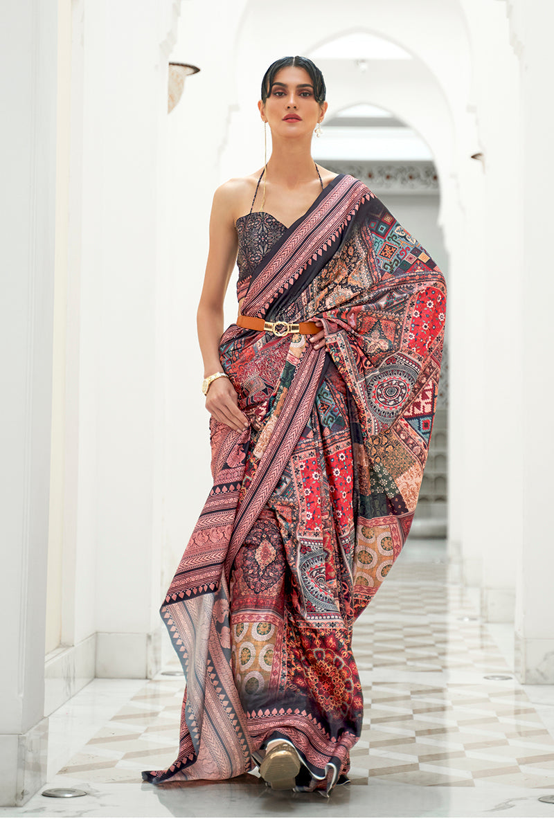 Multi Colour Digital Printed Crepe Silk Saree for Traditional Wear
