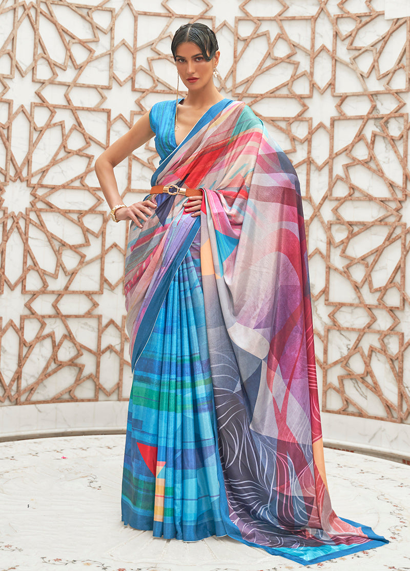 Blue crepe silk saree with elegant digital print design