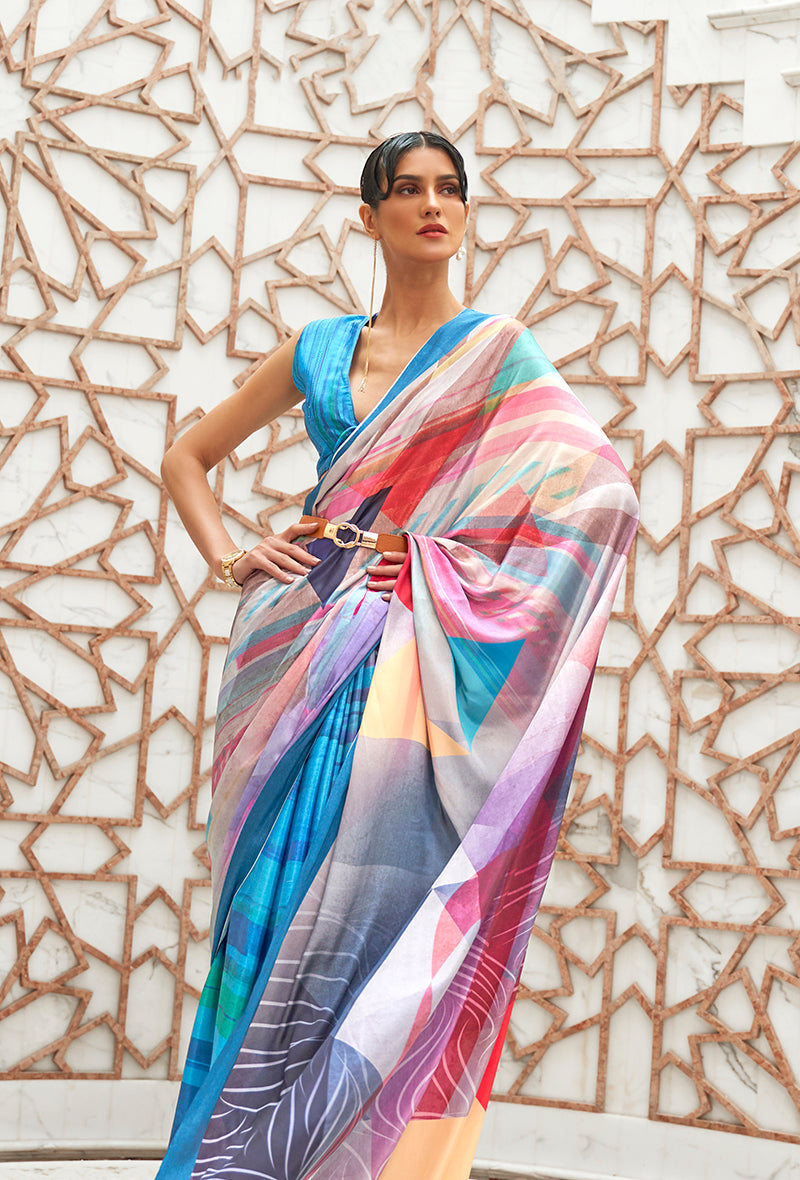 Blue Classic Digital Printed Crepe Silk Saree