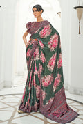 Dark green crepe silk saree with artistic digital prints for women