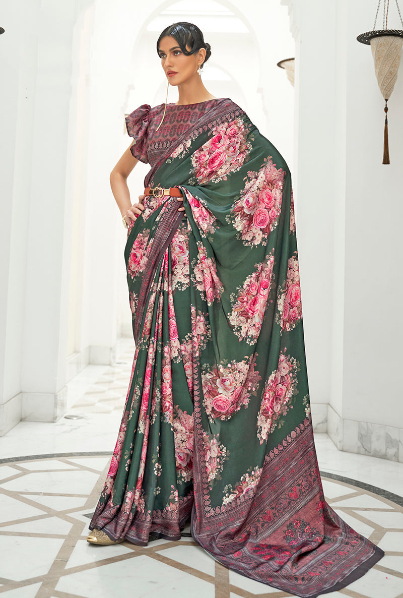 Dark green crepe silk saree with artistic digital prints for women