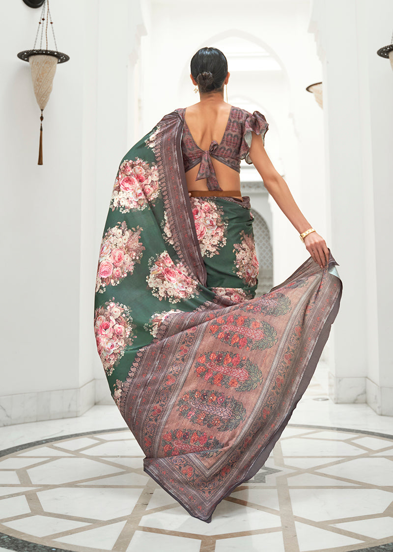 Dark Green Digital Printed Crepe Silk Saree for Elegant Events