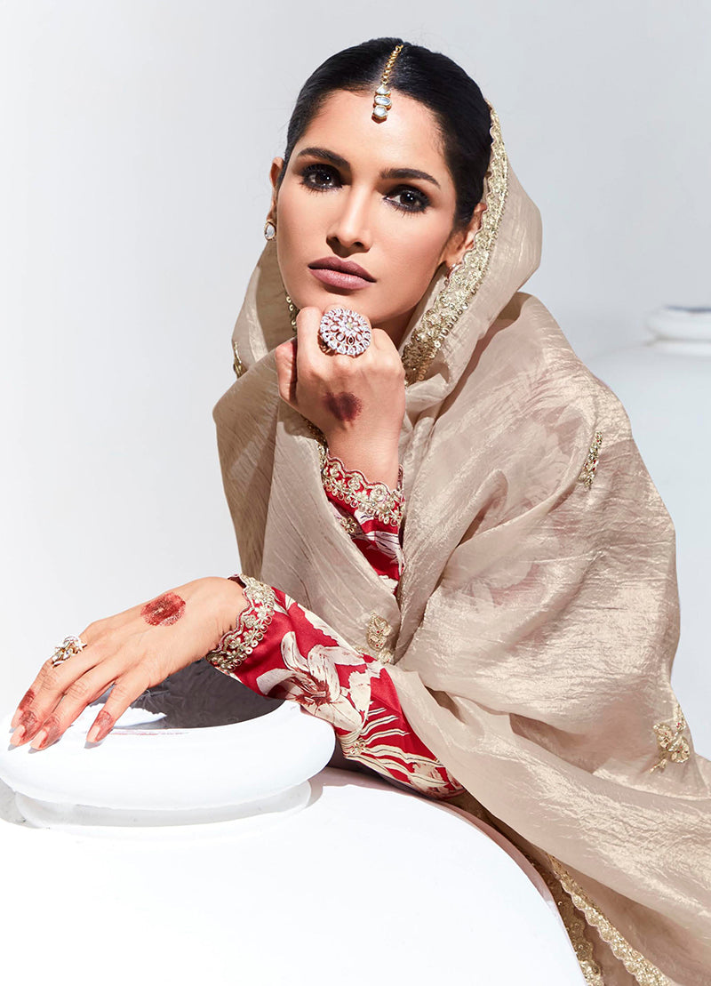 Cream Embroidered Sequence Work Saree for Festival Occasions