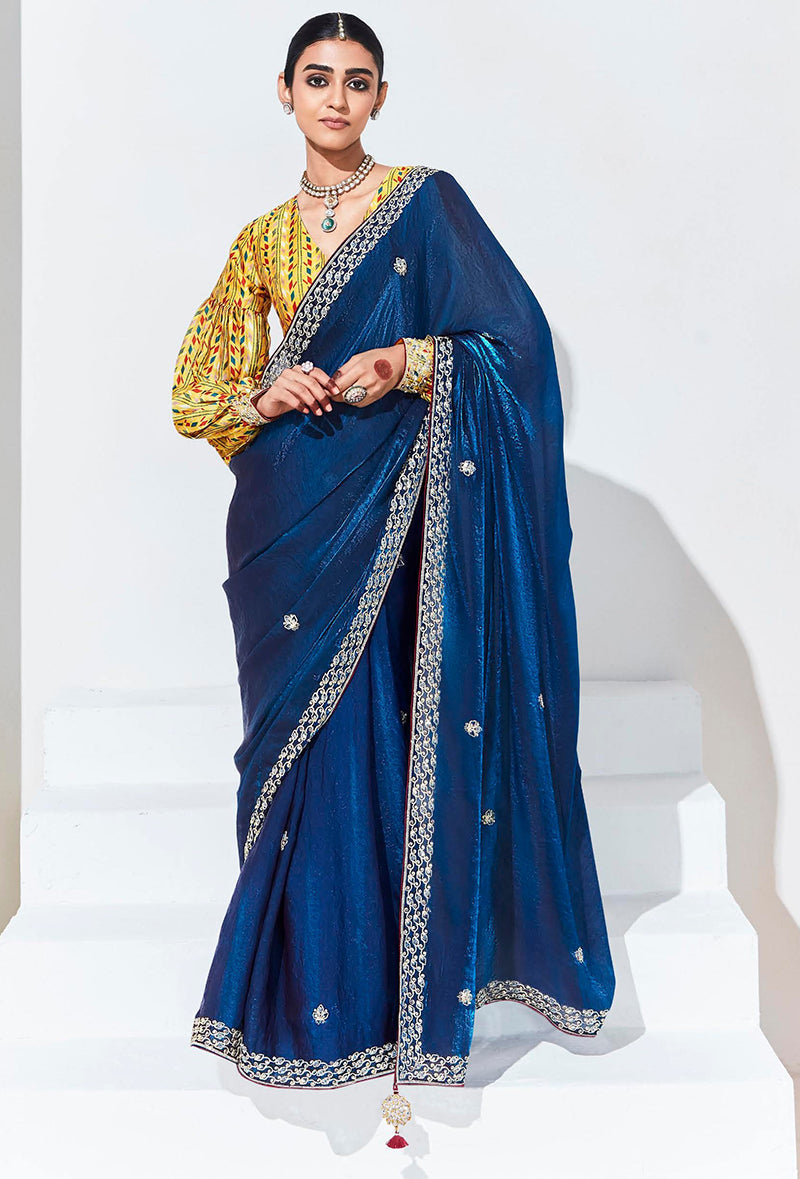 Dark blue embroidered sequence work saree for formal festivals