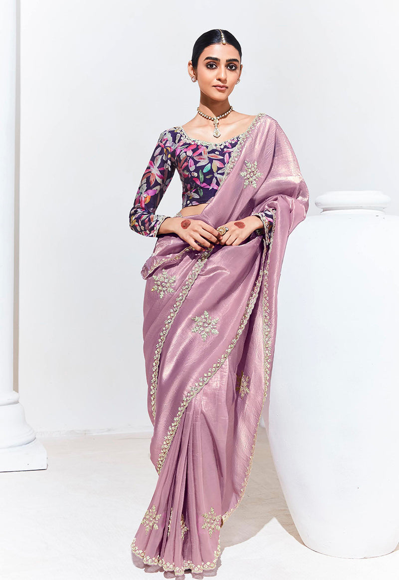Onion pink embroidered sequence work saree for festive occasions