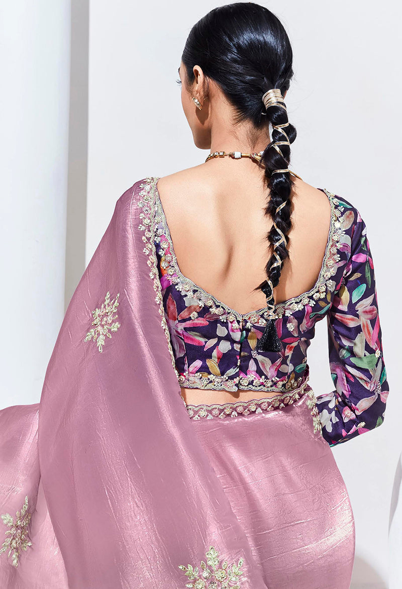 Onion Pink Embroidered Sequence Work Saree for Festivals
