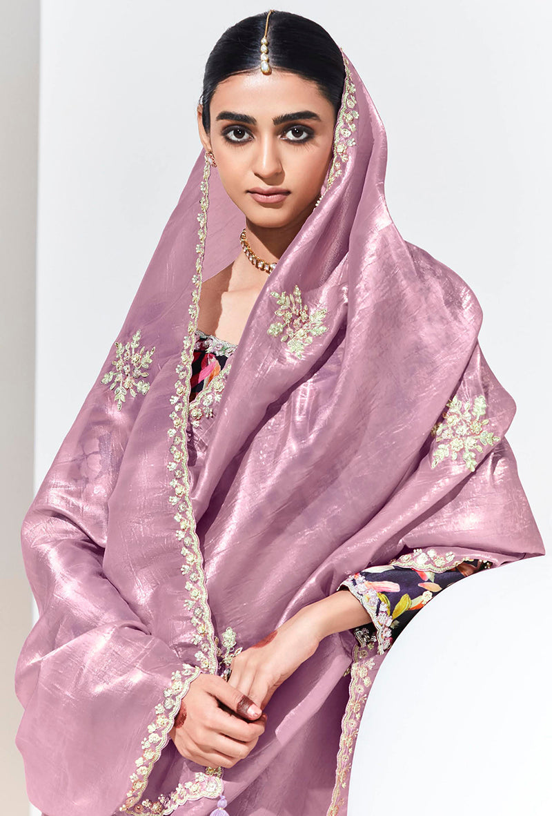 Onion Pink Embroidered Sequence Work Saree for Festivals