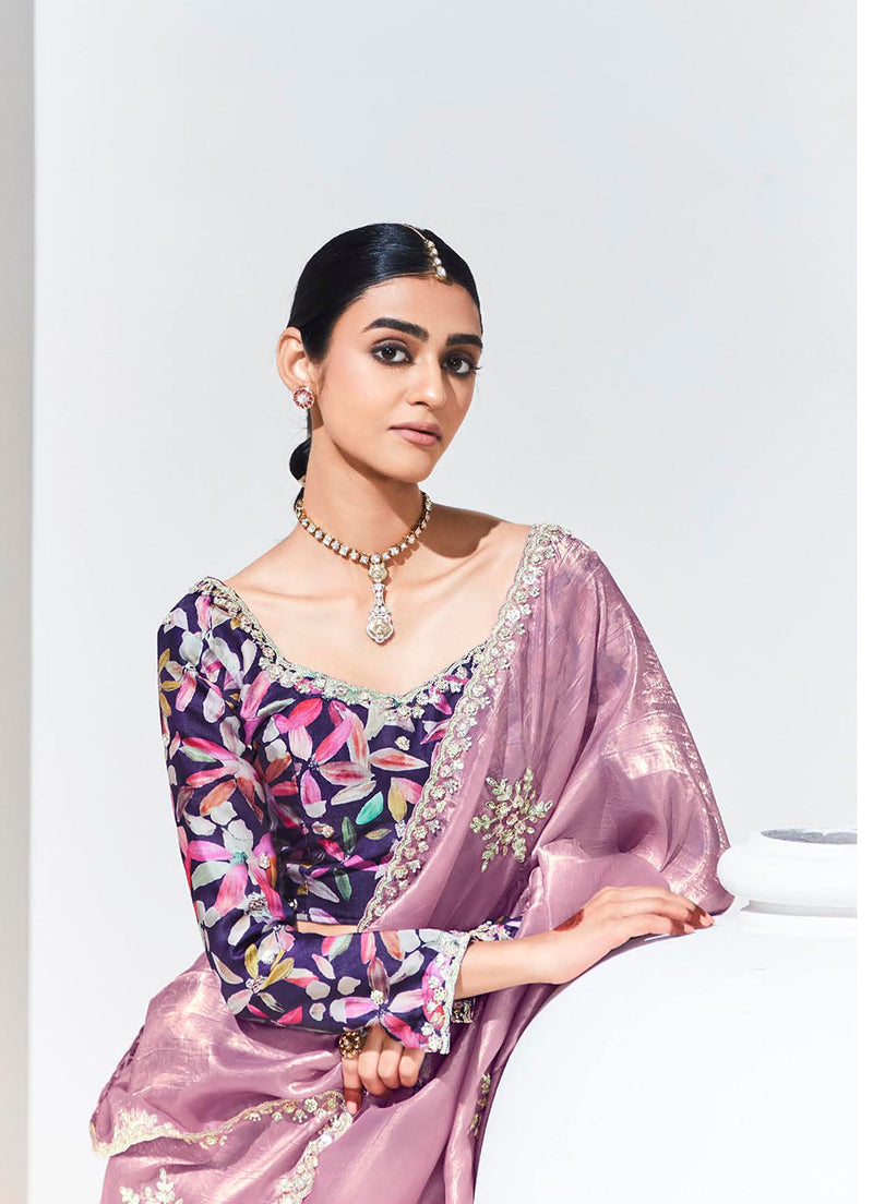 Onion Pink Embroidered Sequence Work Saree for Festivals