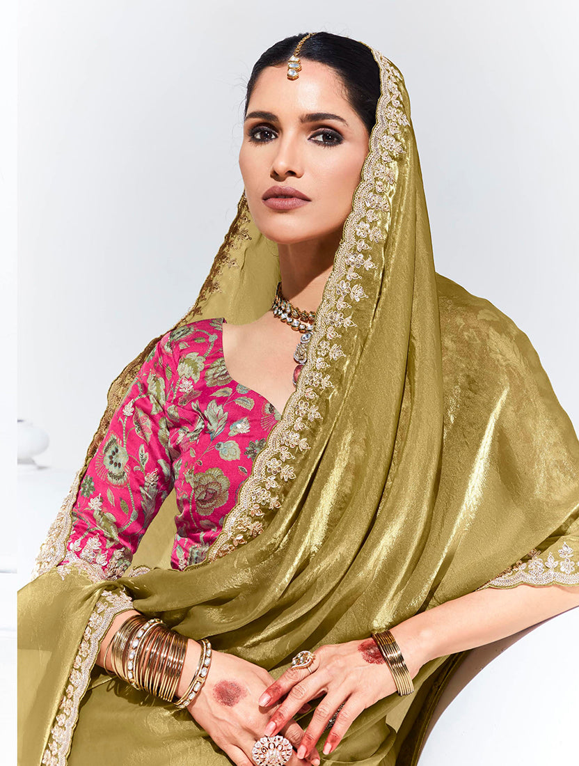 Olive Embroidered Sequence Work Festive Saree
