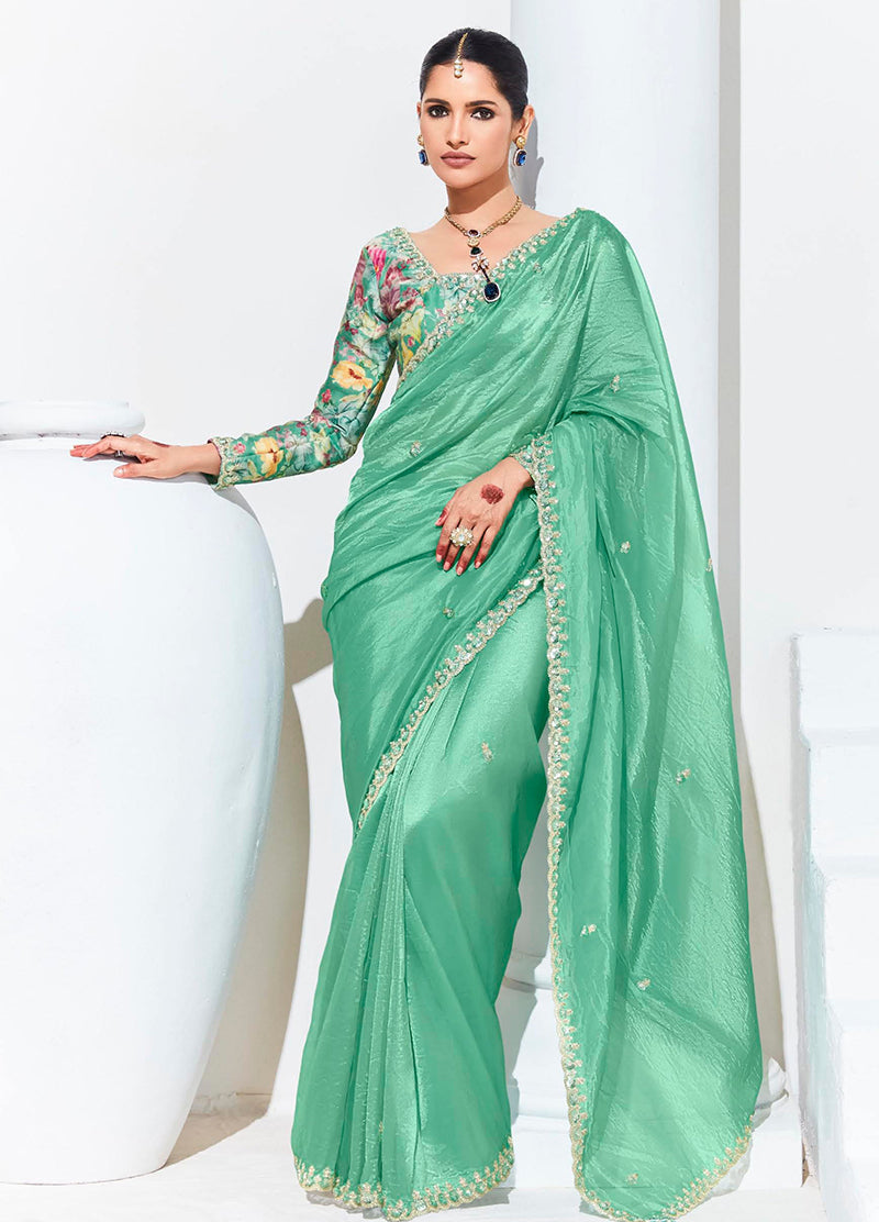 Monjolika Fashion Light Cyan Embroidered Sequence Work Saree For Festival