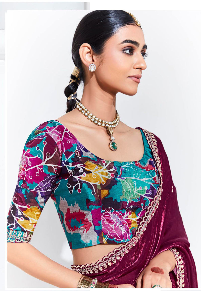 Plum Embroidered Sequence Work Festive Saree