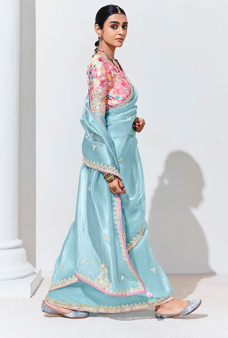 Sky Blue Embroidered Sequence Work Saree for Festive Wear