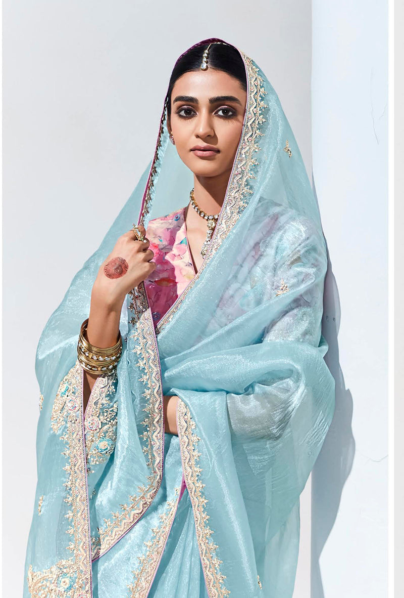 Sky Blue Embroidered Sequence Work Saree for Festive Wear