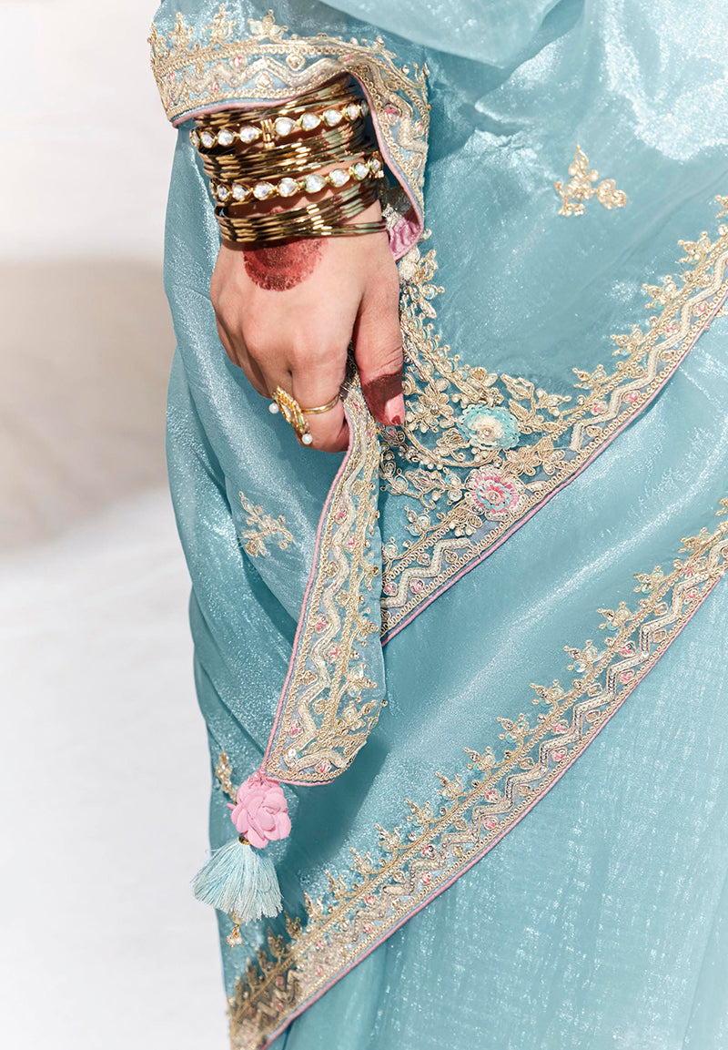 Sky Blue Embroidered Sequence Work Saree for Festive Wear