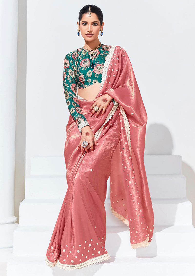 Monjolika Fashion Peach Embroidered Sequence Work Saree For Festival