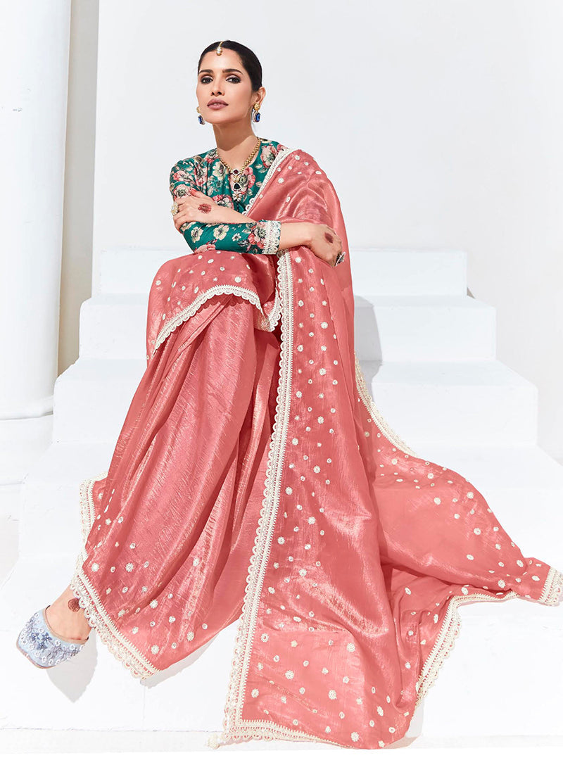 Monjolika Fashion Peach Embroidered Sequence Work Saree For Festival
