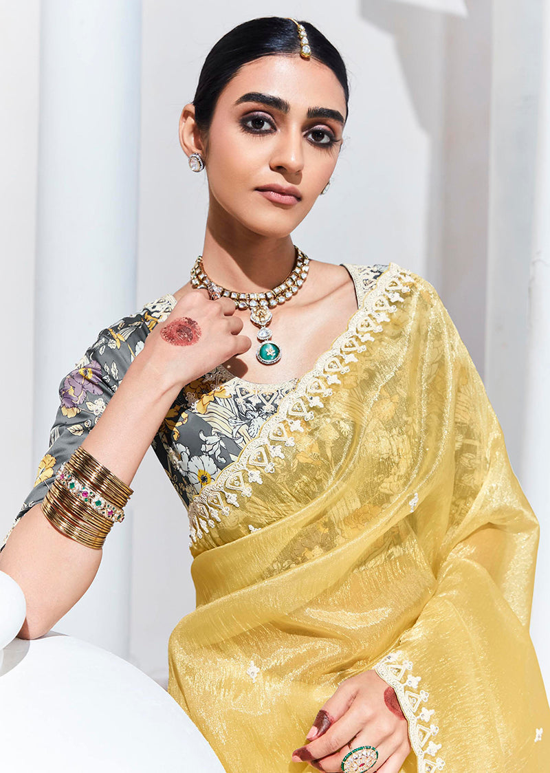 Light Yellow Embroidered Sequence Work Saree for Festivals