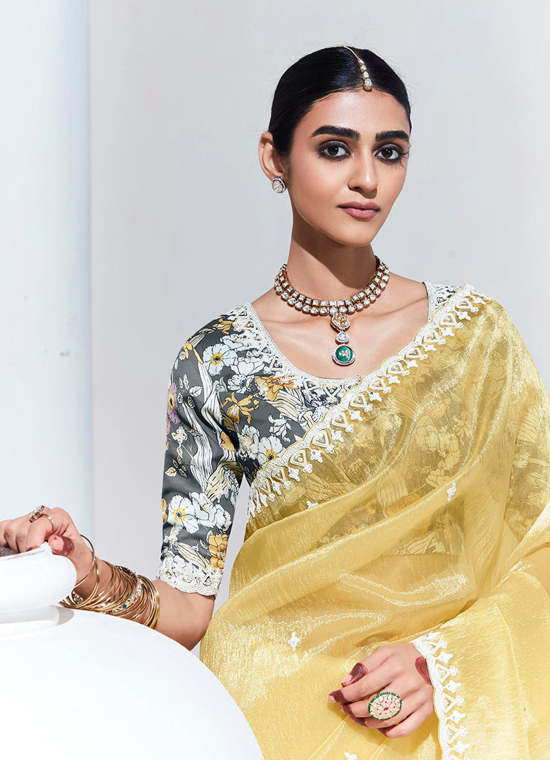 Light Yellow Embroidered Sequence Work Saree for Festivals