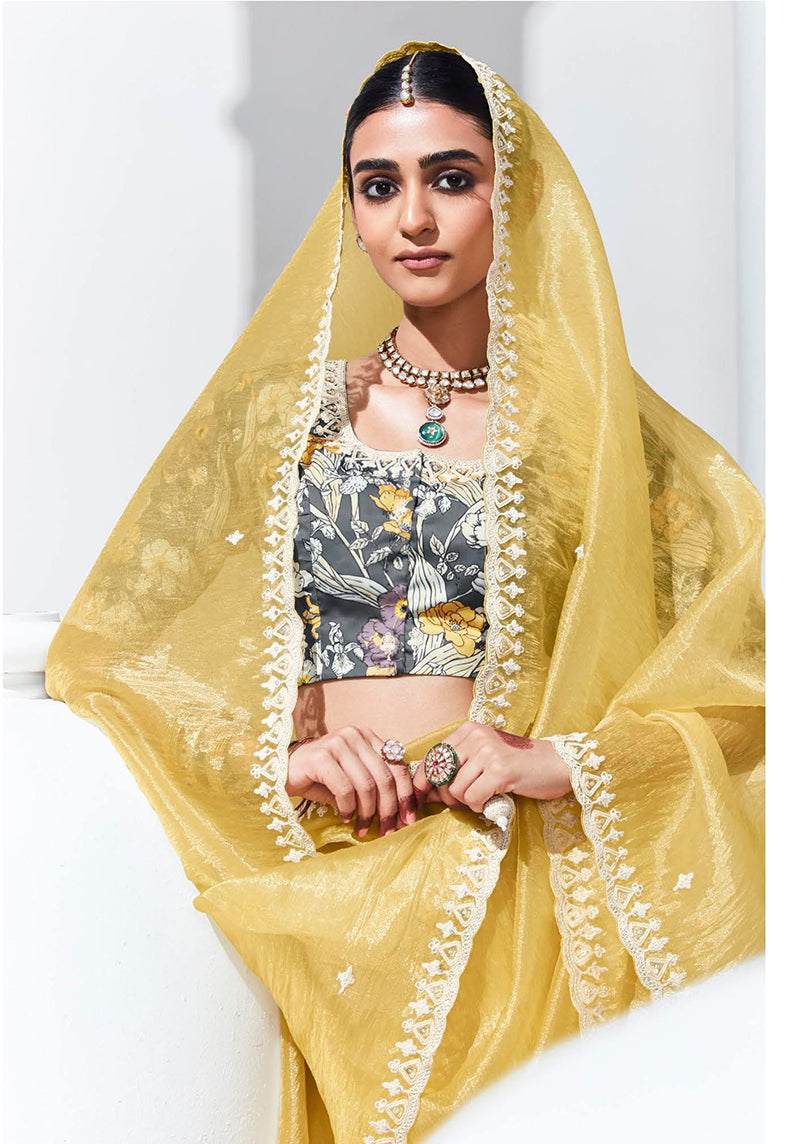 Light Yellow Embroidered Sequence Work Saree for Festivals