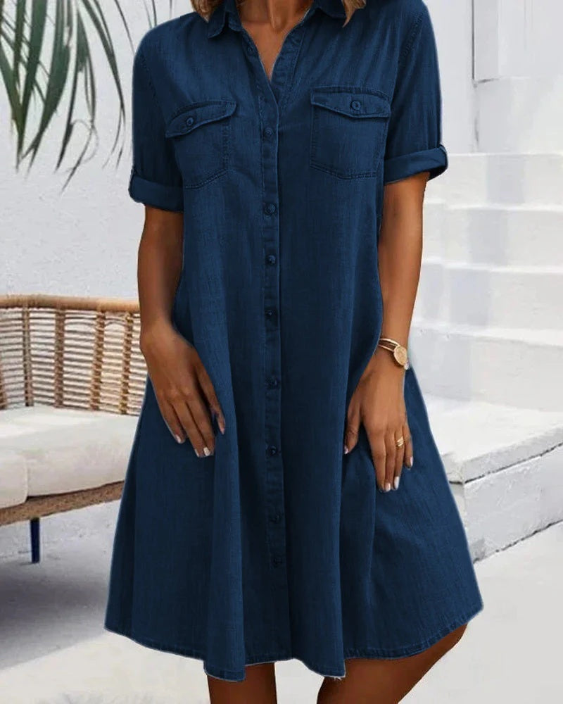 Women's loose fit cotton denim dress in solid color