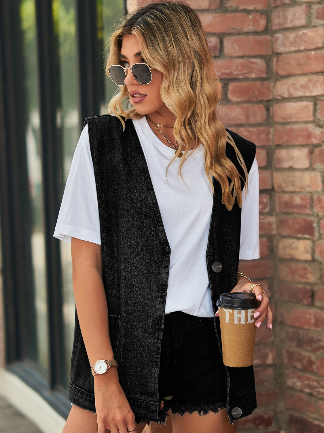 V-Neck Button Up Denim Vest | Rayon Blend