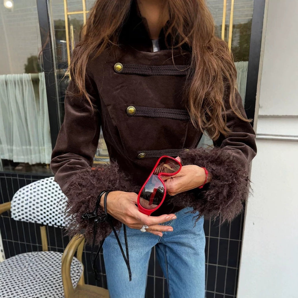 Women's Dark Brown Stand-Collar Slant-Button Jacket