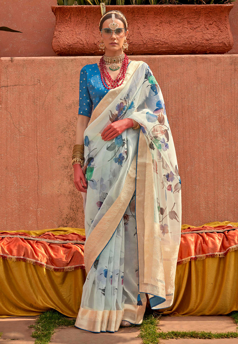 Aqua blue organza contemporary printed saree