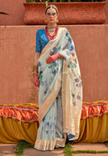 Aqua blue organza contemporary printed saree