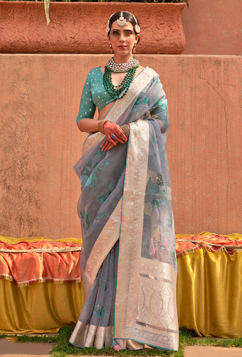 Lightweight Blue organza saree with modern prints
