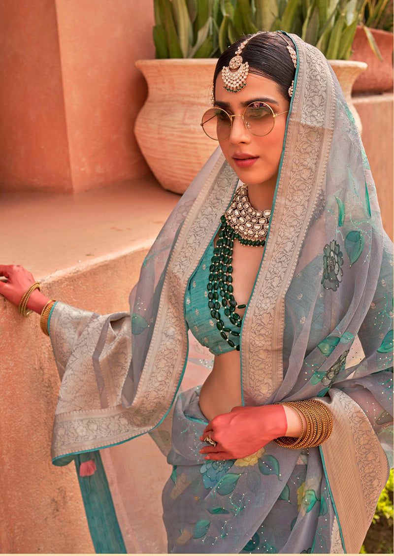 Contemporary Blue Organza Printed Saree for Elegant Looks