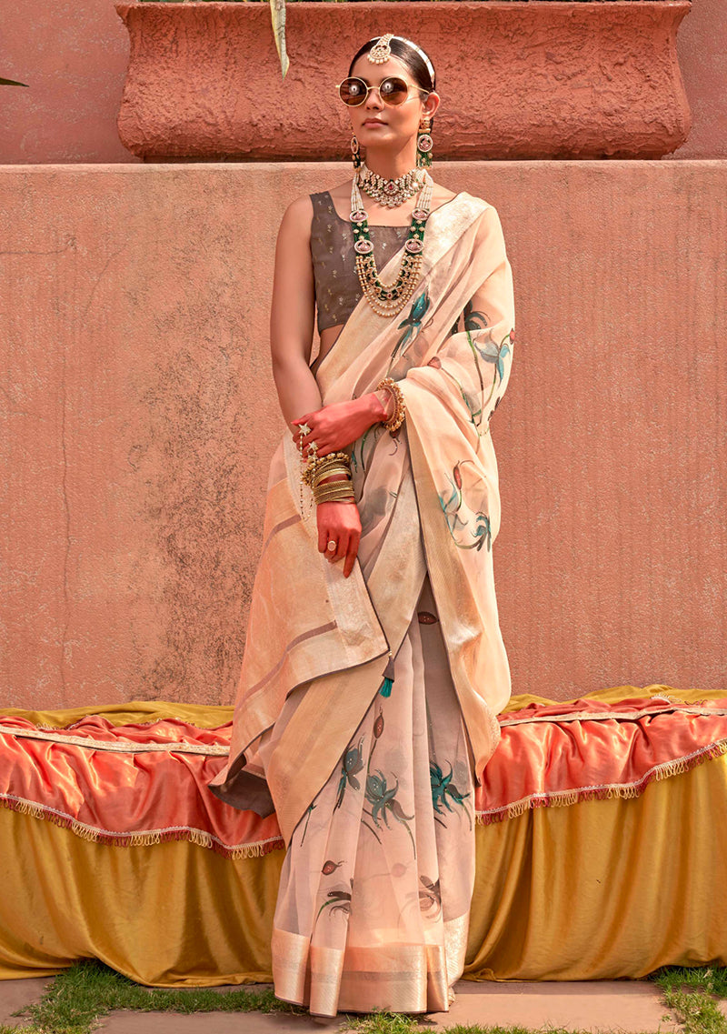 Cream organza saree with contemporary prints