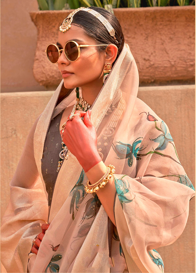 Cream Organza Printed Saree