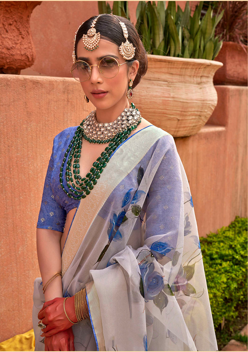 Aqua Blue Organza Printed Contemporary Saree