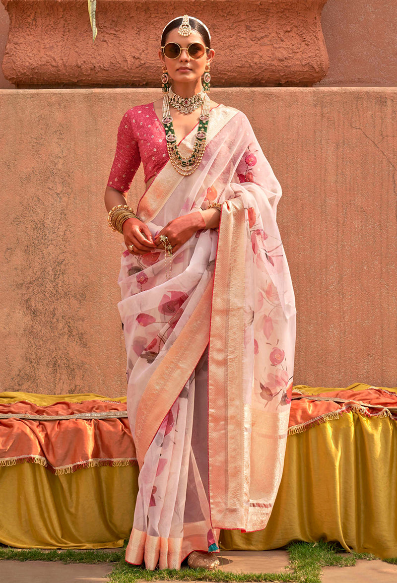 Light Pink Organza Printed Contemporary Saree