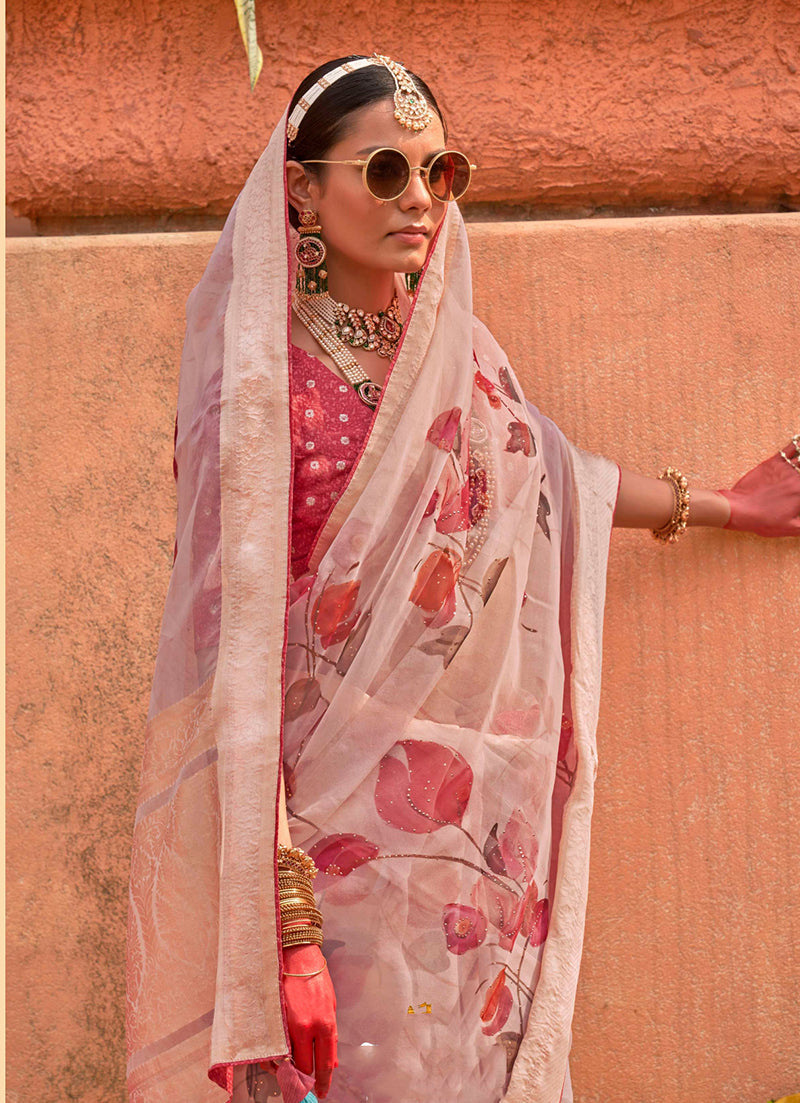 Light pink organza saree with contemporary printed designs