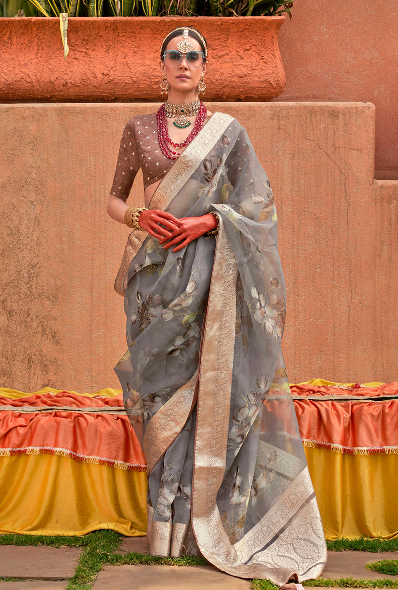 Monjolika Fashion grey organza saree with contemporary print