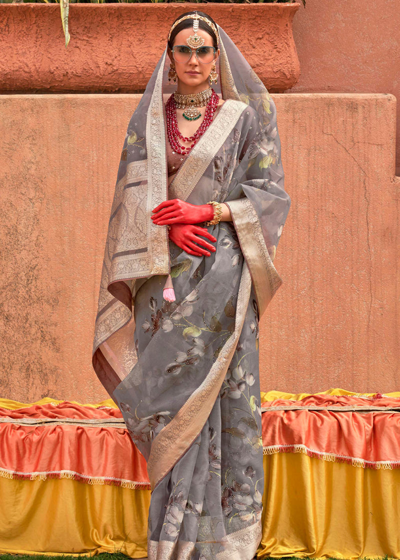 Grey Organza Contemporary Saree with Modern Printed Design