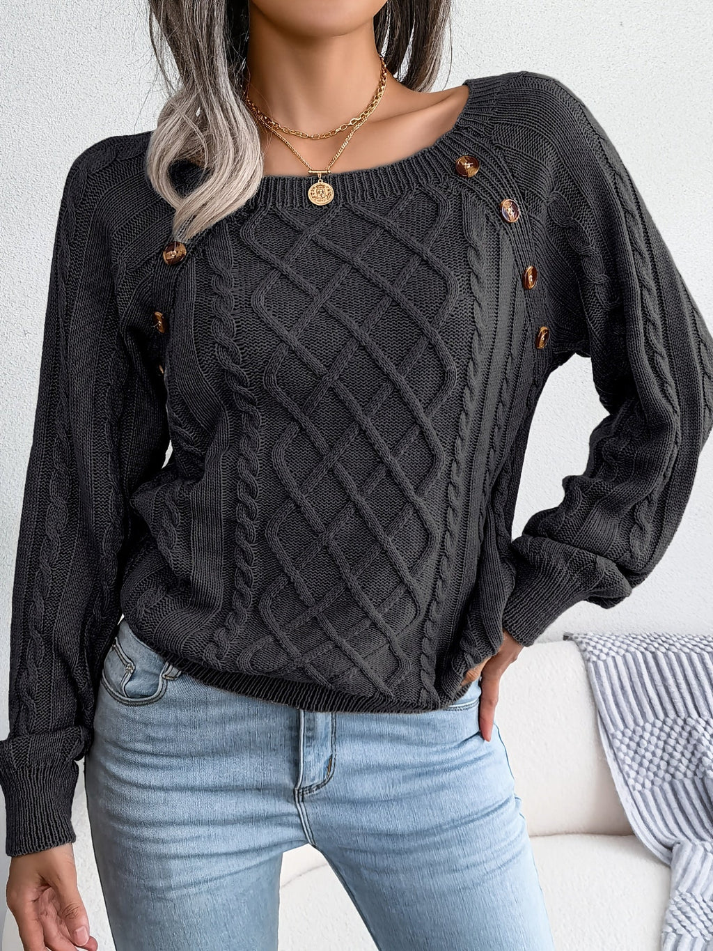Women's Textured Cable Knit Sweater with Decorative Buttons - Image 7