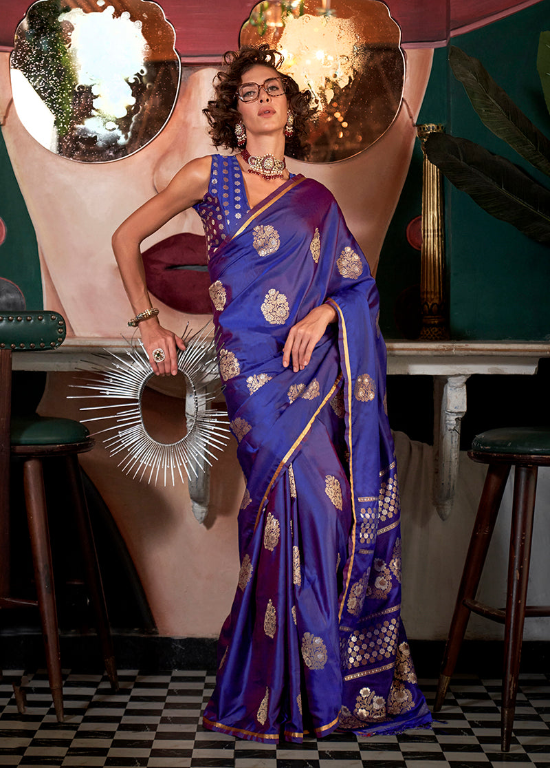 Classic purple satin silk saree with traditional zari weave patterns
