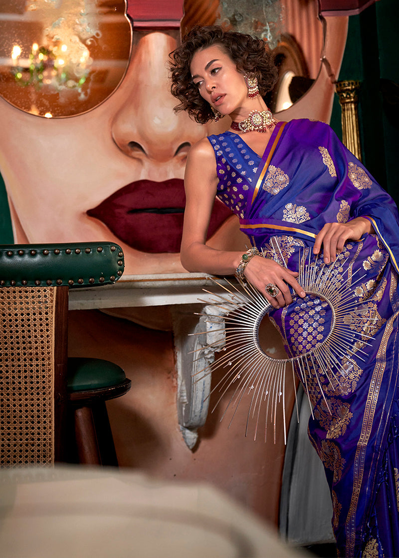 Purple Satin Silk Zari Saree with Traditional Weaving Design