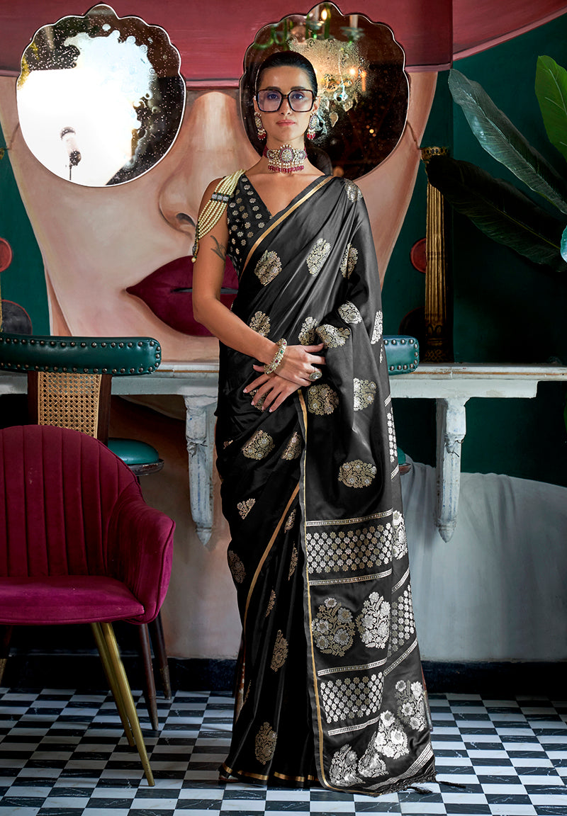 Black Pure Satin Silk Saree with Zari Weaving