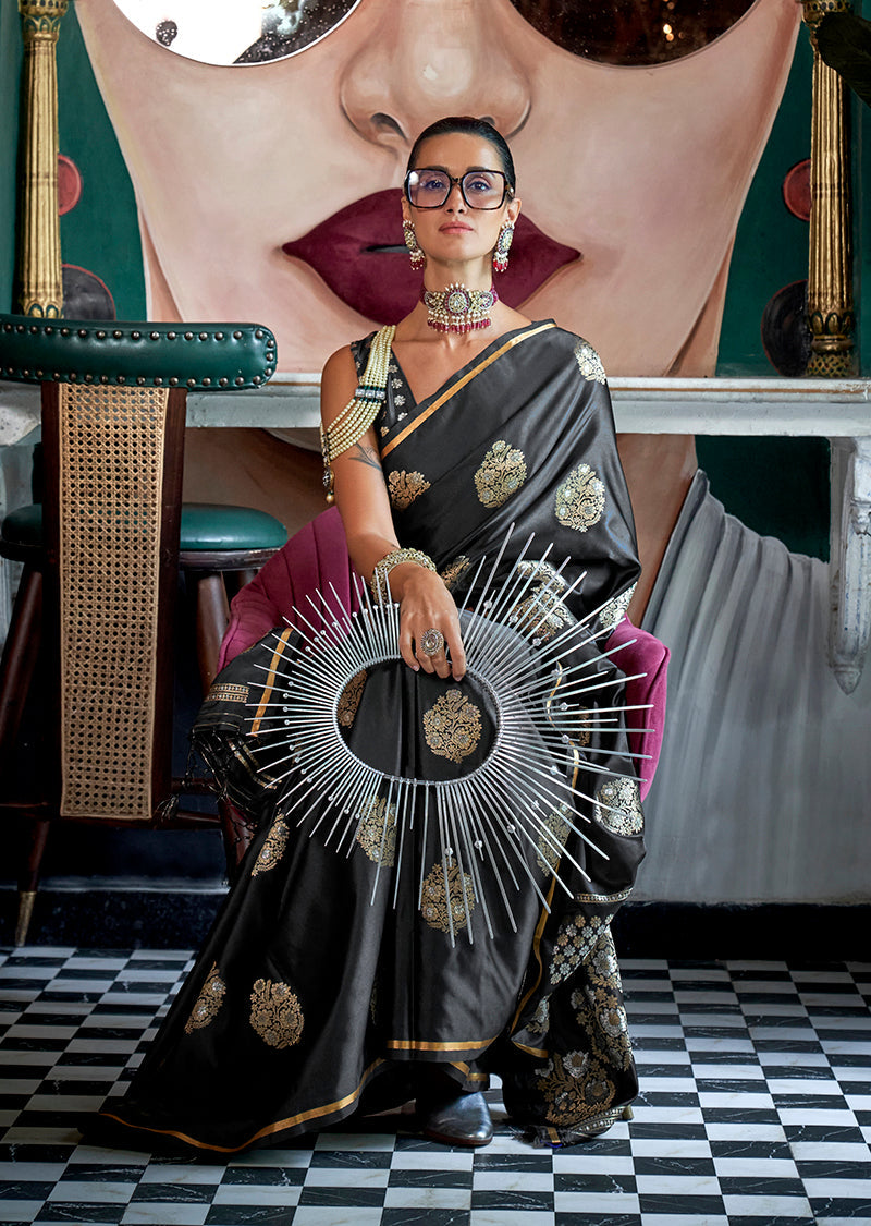 Black Pure Satin Silk Saree with Zari Weaving