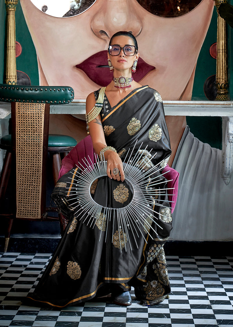 Black Pure Satin Silk Saree with Zari Weaving