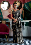 Luxurious Black Pure Satin Silk saree with striking zari weaving