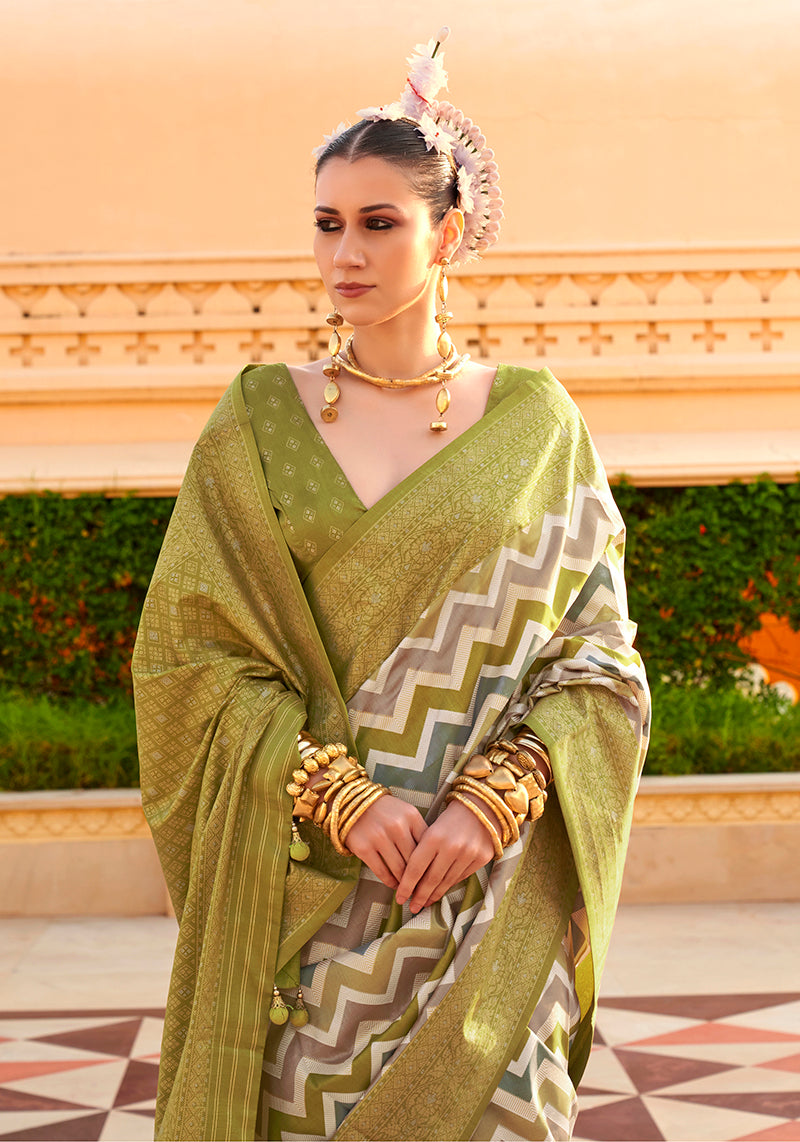 Olive Silk Saree with Ethnic Foil Print Work