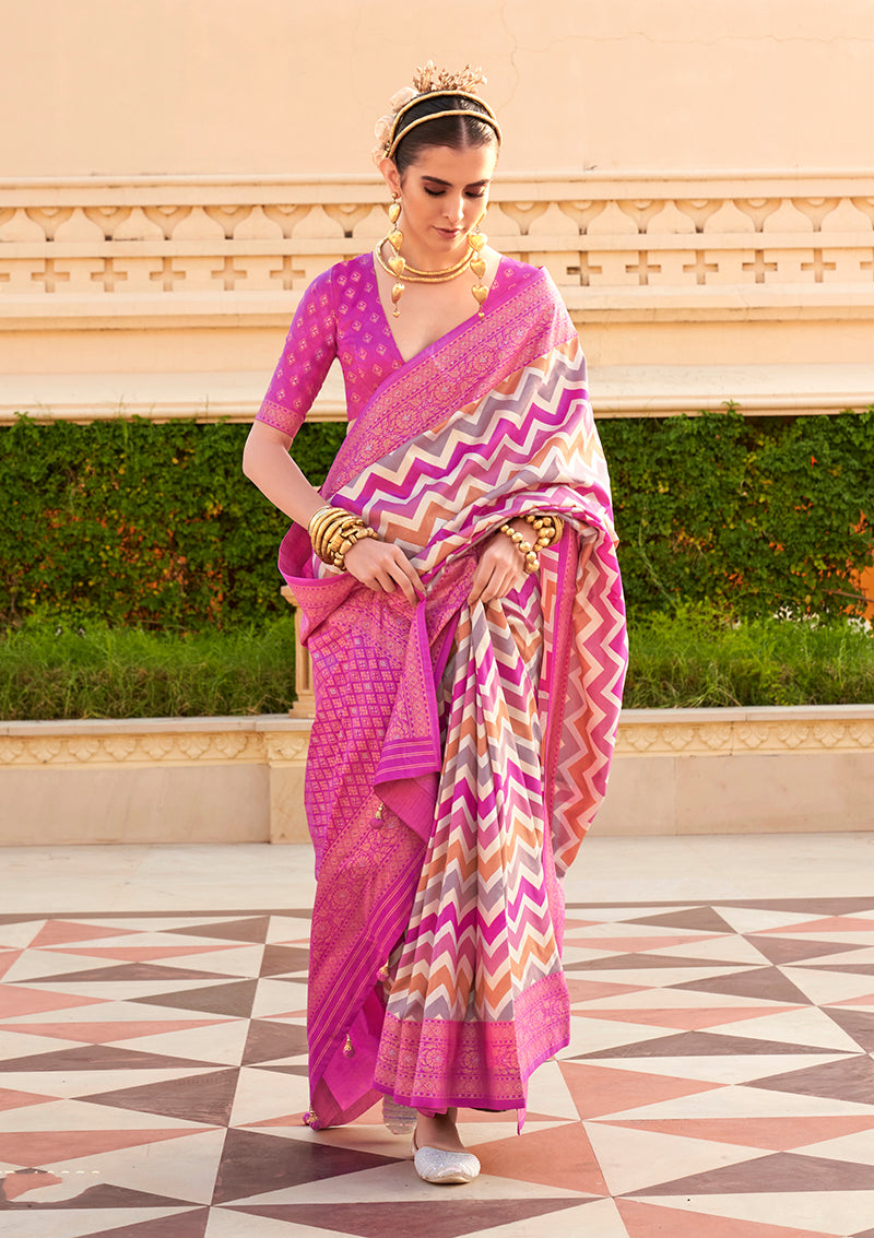 Magenta silk saree with ethnic foil print detailing
