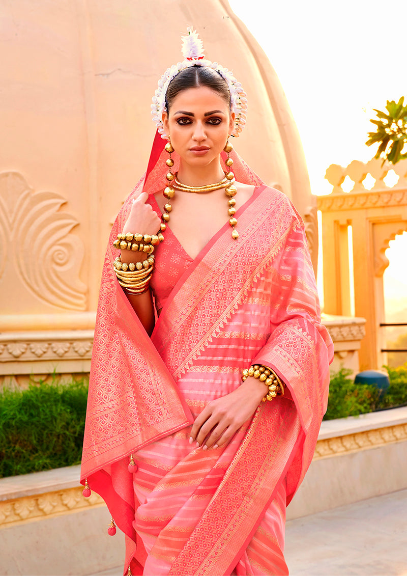Peach Silk Saree with Ethnic Foil Print Details
