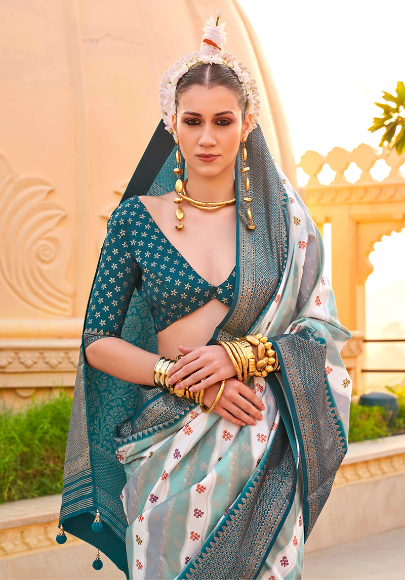 Teal Silk Saree with Foil Print