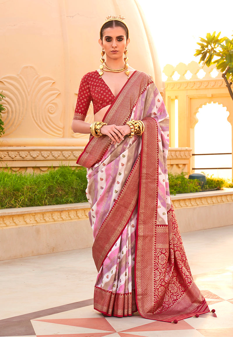 Elegant maroon silk saree with intricate foliage foil prints